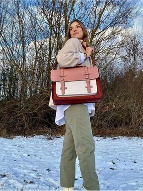 Tricolor Satchel Laptop Bag - Pink, Cream & Brown